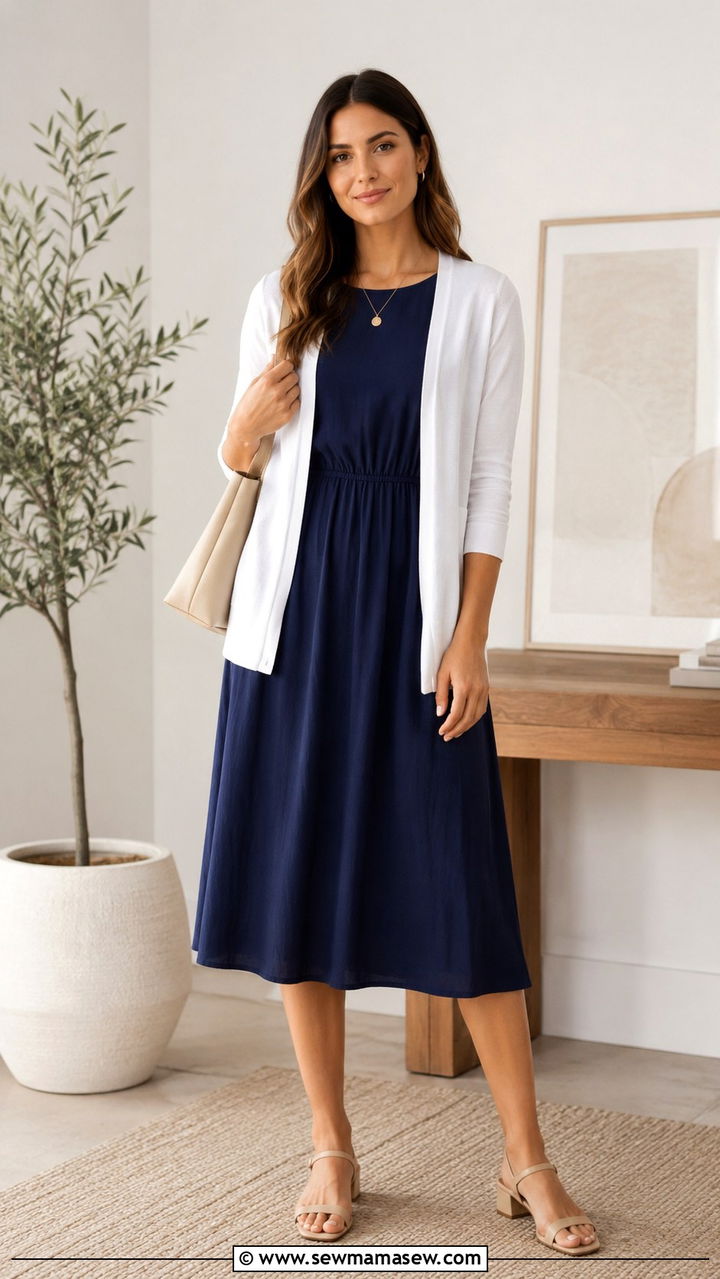 Cotton midi dress with cardigan summer interview - 25 seasonal job interview outfit ideas