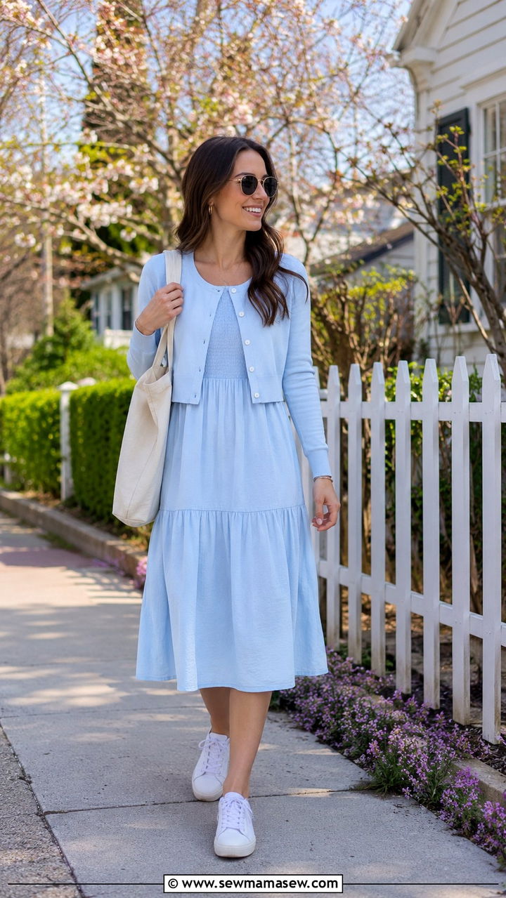 Cotton midi dress with cropped cardigan and white sneakers - 30 Spring outfits with midi dresses