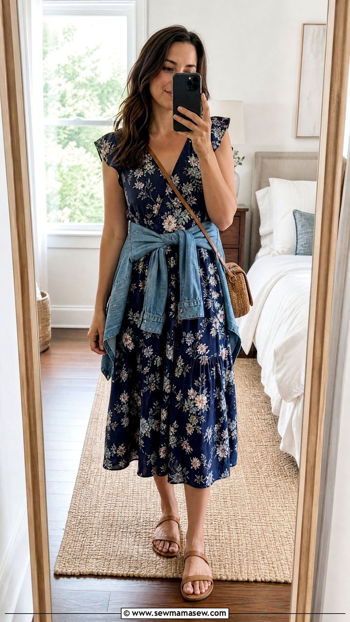 Cotton midi dress with flat sandals - 30 Muggy weather outfit ideas