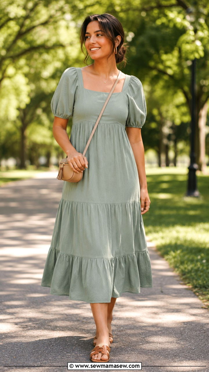 Cotton midi dress with flat sandals - 30 Humid weather outfit ideas