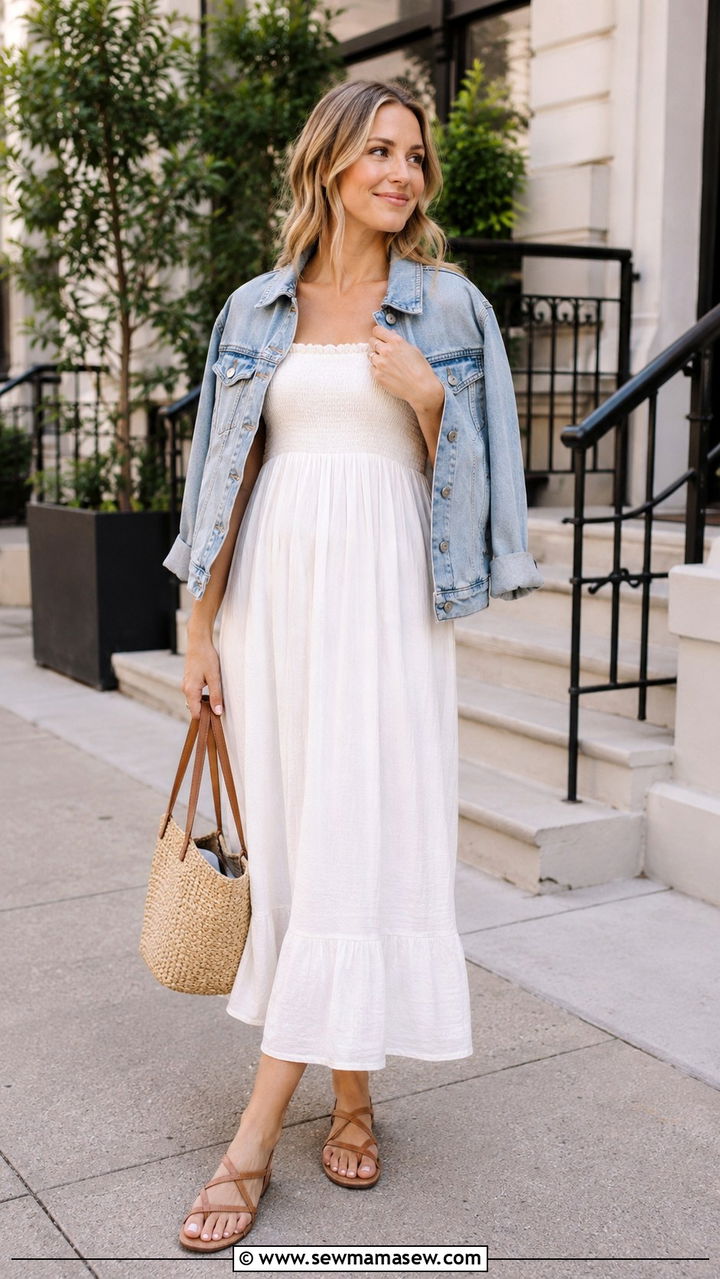 Cotton midi dress with flat sandals and a denim jacket - 30 Postpartum outfit ideas summer