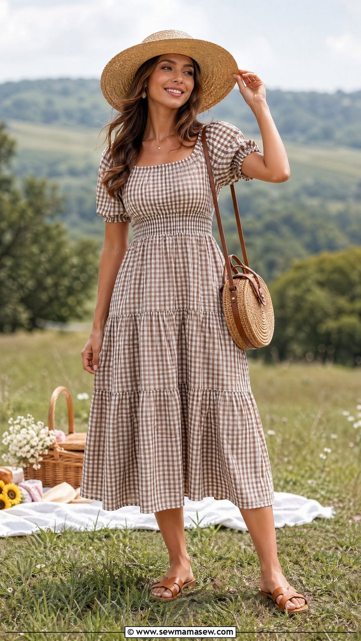 Cotton midi dress with straw hat outfit - 35 dress outfits ideas