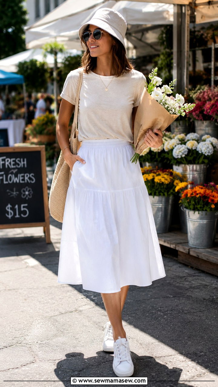 Cotton midi skirt with lightweight crewneck tee - 30 Heat wave outfit ideas