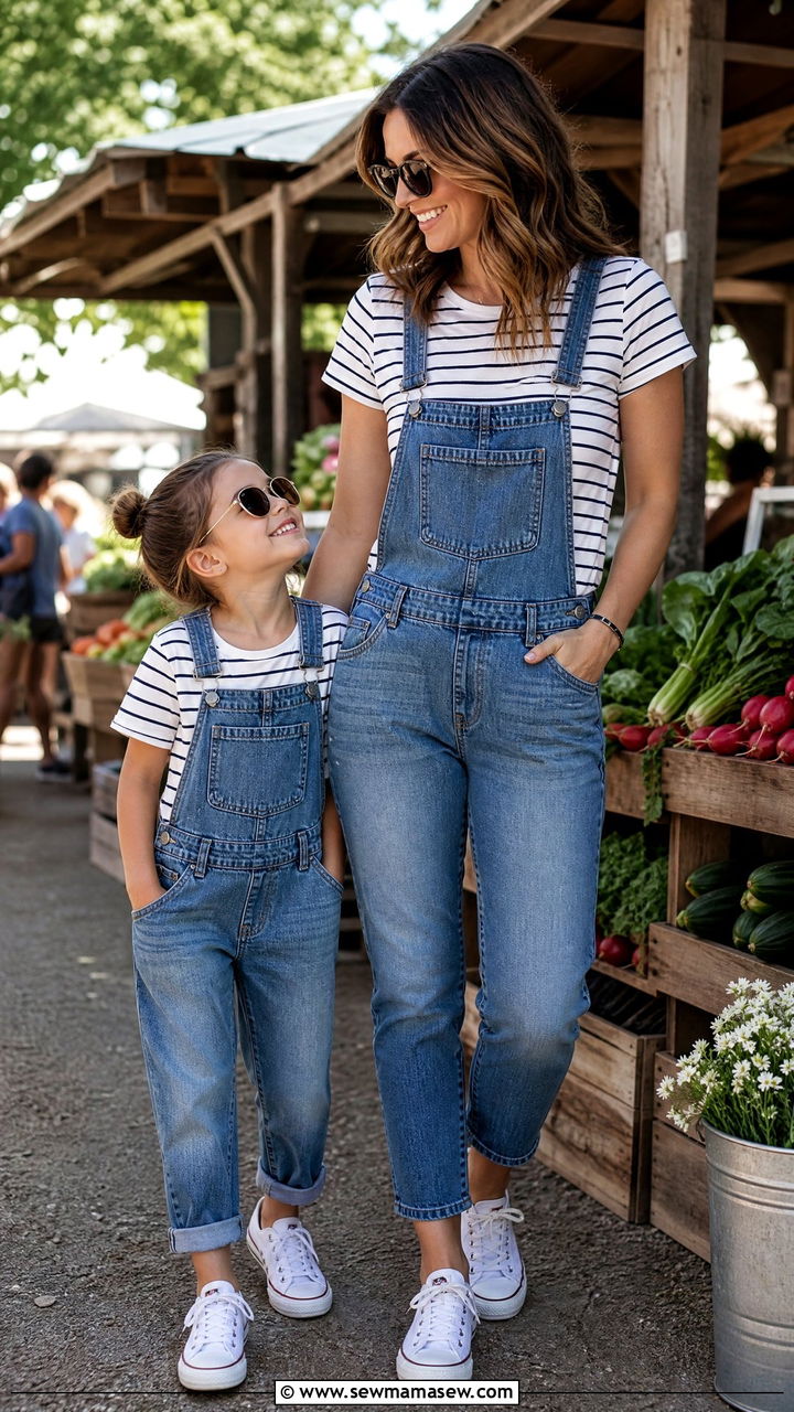 Cotton overalls with a striped tee and canvas sneakers outfit - 30 Summer mommy and me outfits