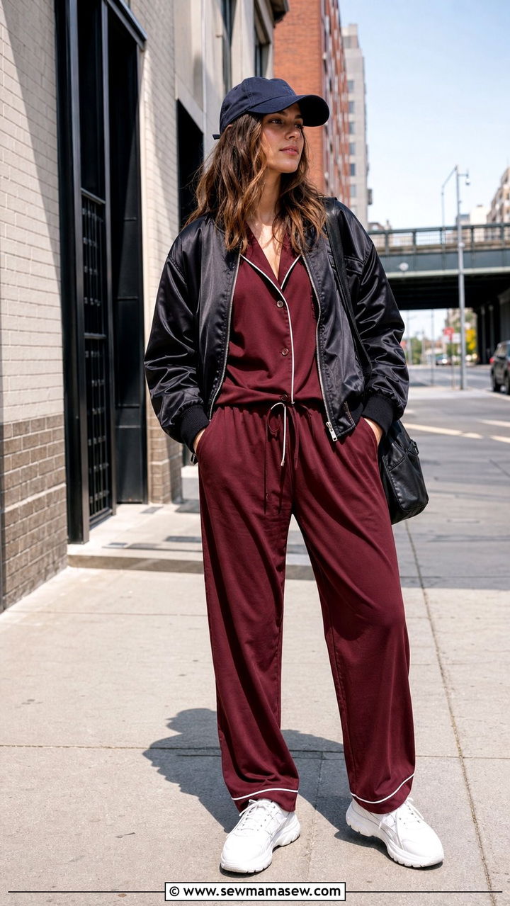 Cotton pajama set with bomber jacket and chunky sneakers - 25 Cotton pajama set outfit ideas