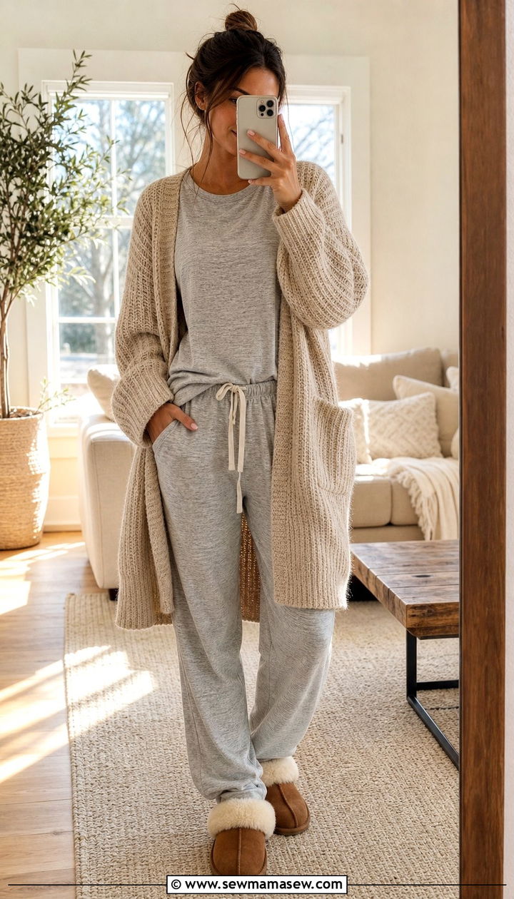 Cotton pajama set with cardigan and slippers - 25 Cotton pajama set outfit ideas