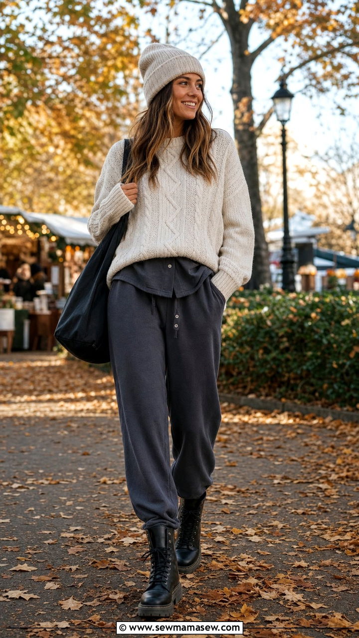 Cotton pajama set with chunky knit sweater and boots - 25 Cotton pajama set outfit ideas