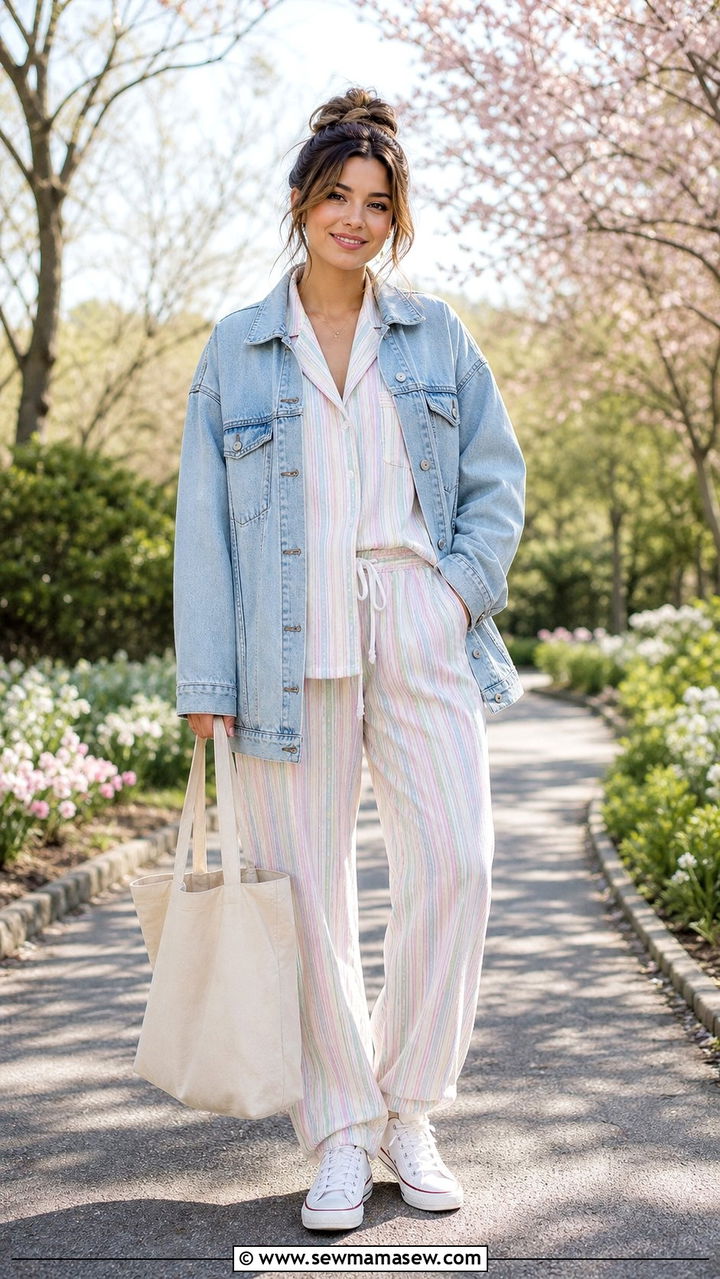 Cotton pajama set with denim jacket and sneakers - 25 Cotton pajama set outfit ideas