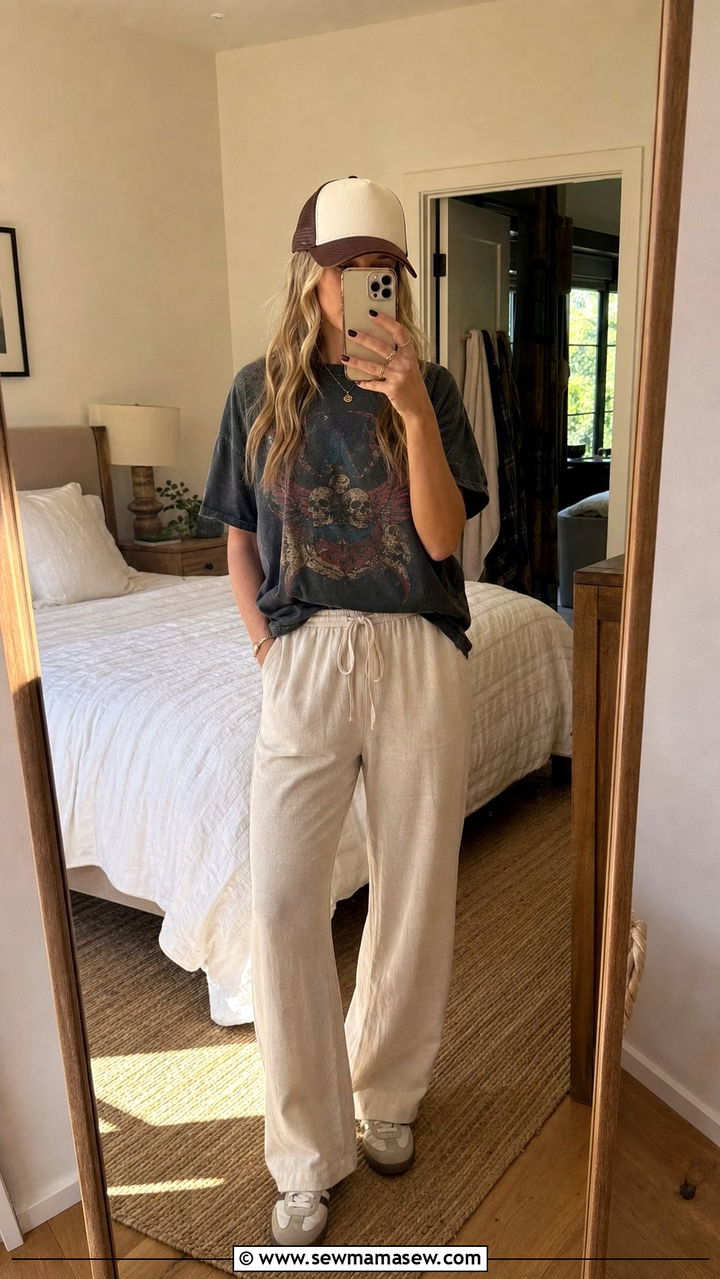 Cotton pajama set with graphic tee and retro sneakers - 25 Cotton pajama set outfit ideas
