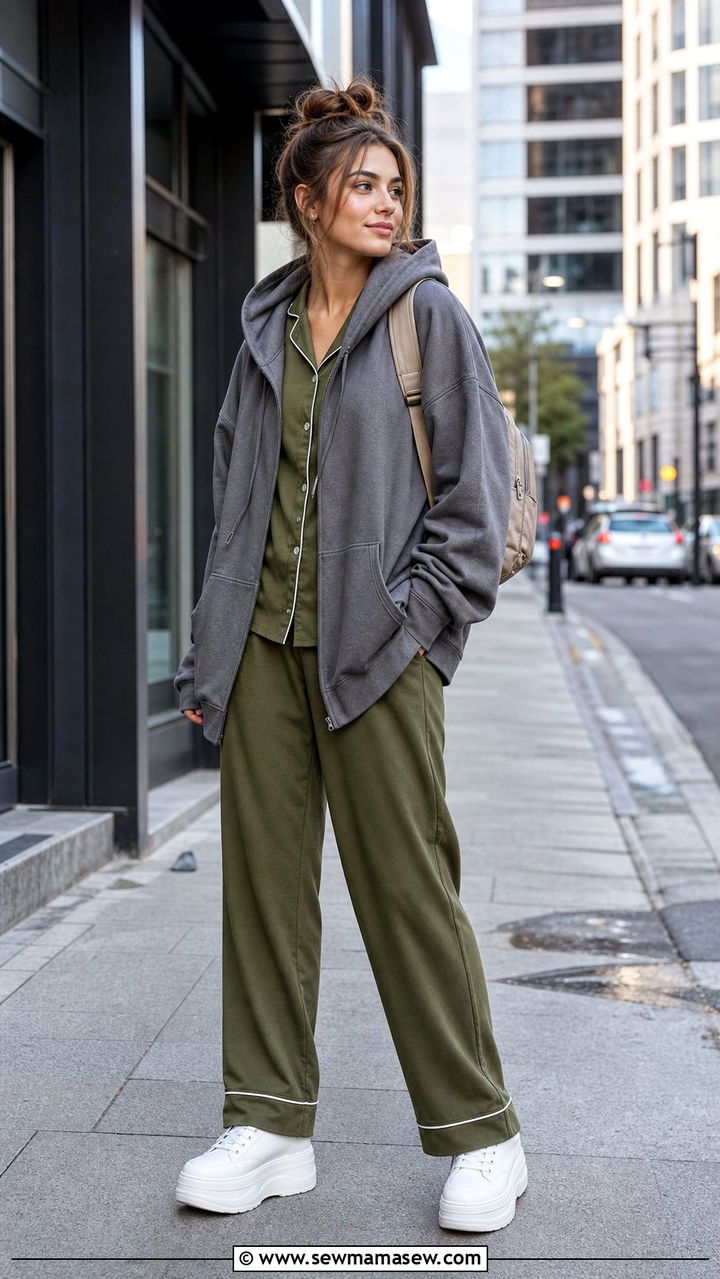 Cotton pajama set with hoodie and platform sneakers - 25 Cotton pajama set outfit ideas