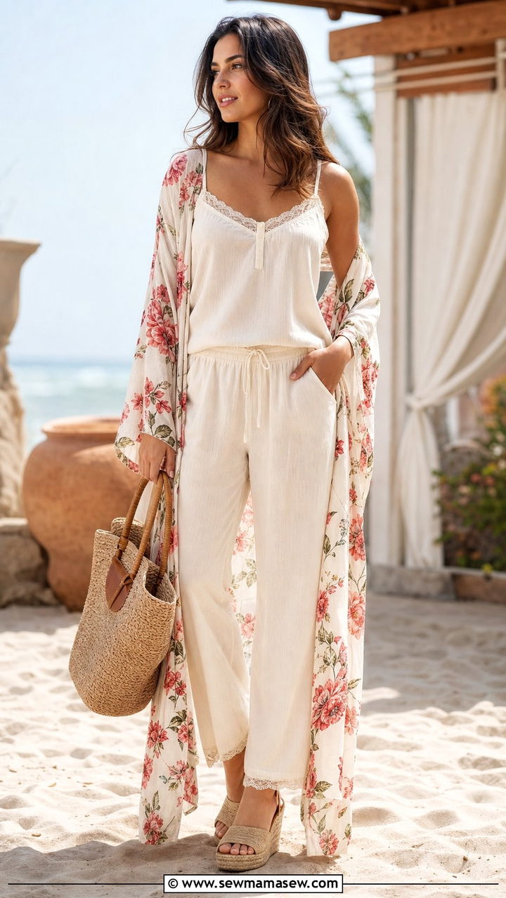 Cotton pajama set with kimono cover up and espadrilles - 25 Cotton pajama set outfit ideas