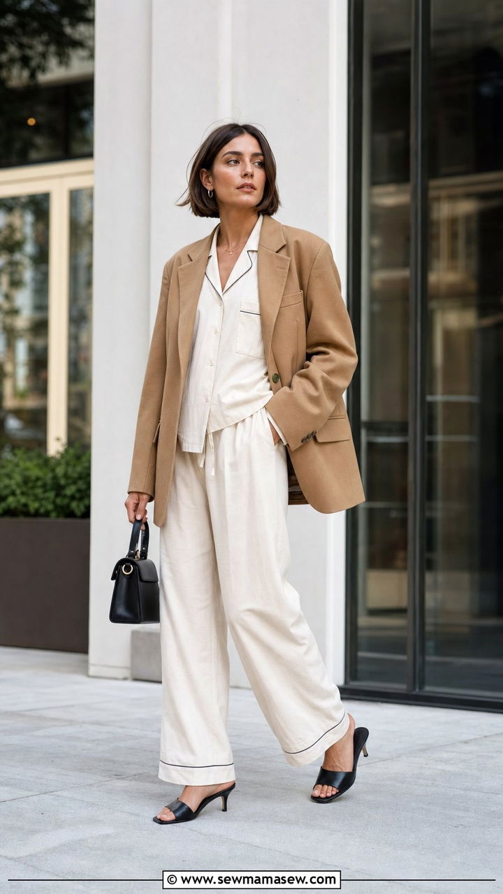 Cotton pajama set with oversized blazer and heeled mules - 25 Cotton pajama set outfit ideas