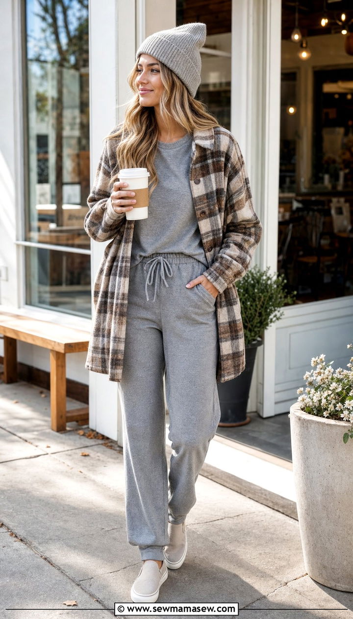 Cotton pajama set with shirt jacket and canvas sneakers - 25 Cotton pajama set outfit ideas