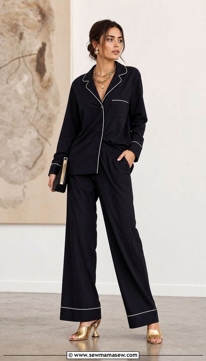 Cotton pajama set with statement jewelry and heeled mules - 25 Cotton pajama set outfit ideas