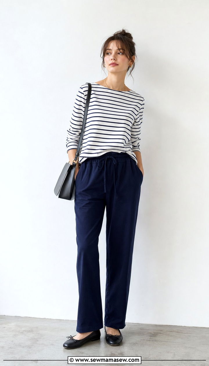 Cotton pajama set with striped tee and ballet flats - 25 Cotton pajama set outfit ideas