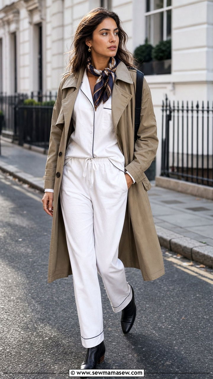 Cotton pajama set with trench coat and ankle boots - 25 Cotton pajama set outfit ideas