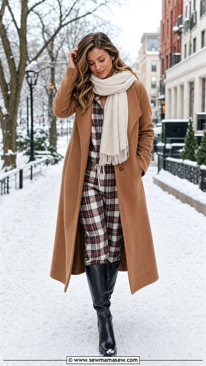 Cotton pajama set with wool coat and leather boots - 25 Cotton pajama set outfit ideas