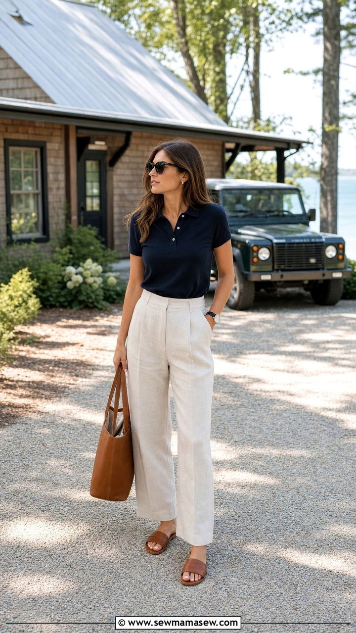 Cotton polo shirt with linen blend trousers and leather slides - 25 Summer cabin outfits