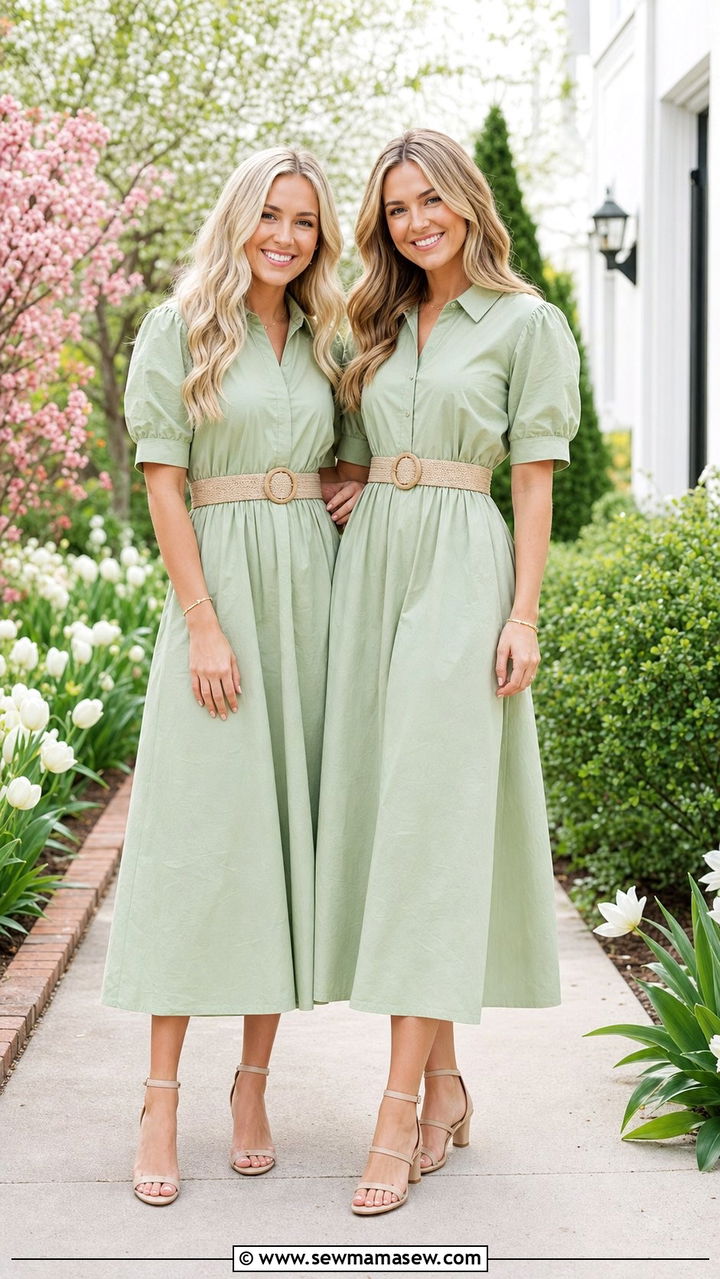 Cotton poplin midi dresses with woven belts - 25 Spring matching outfits for sisters