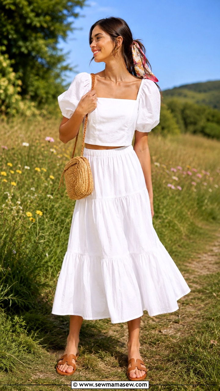 Cotton poplin puff sleeve top and tiered midi skirt - 30 Top and skirt matching set outfit ideas