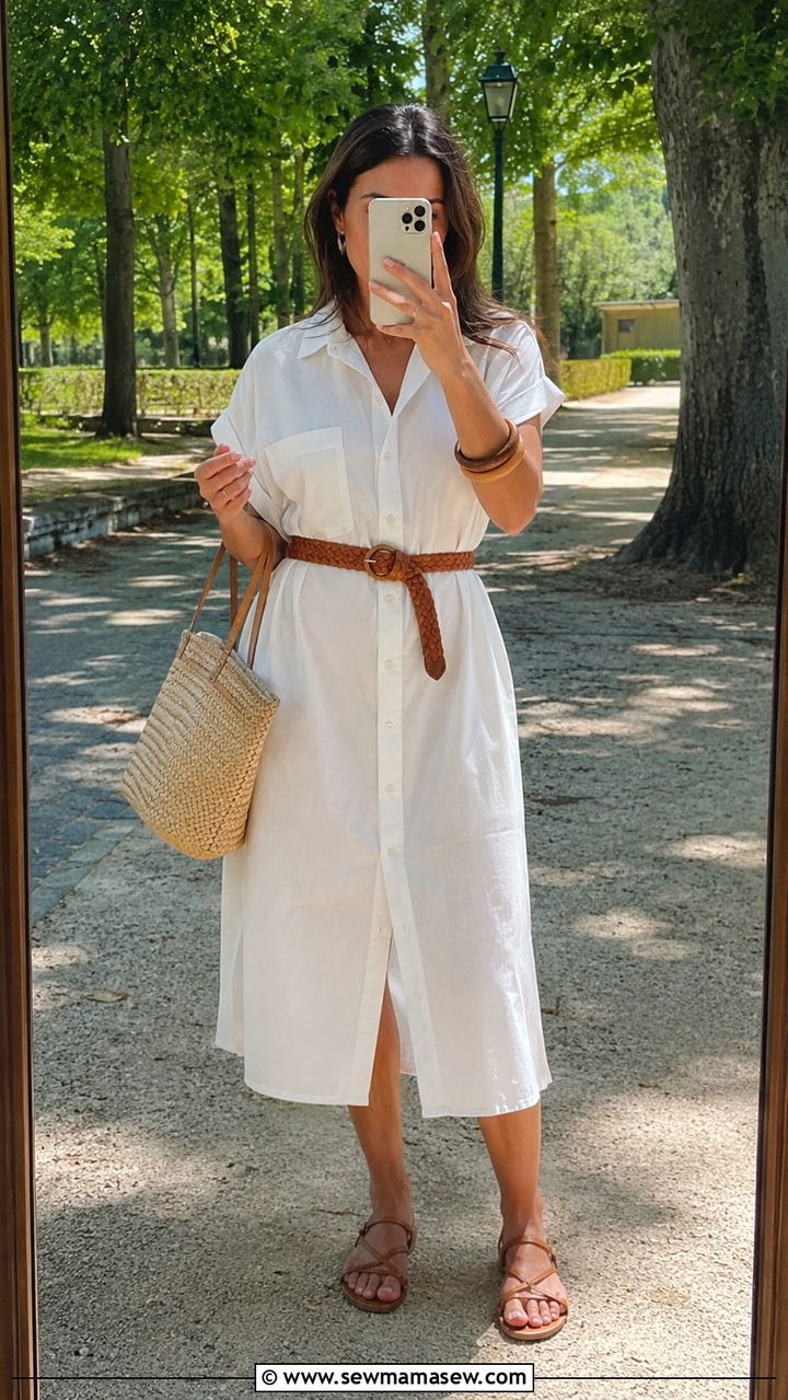 Cotton shirt dress and sandals for park reunion - 30 Spring outfits for family reunion