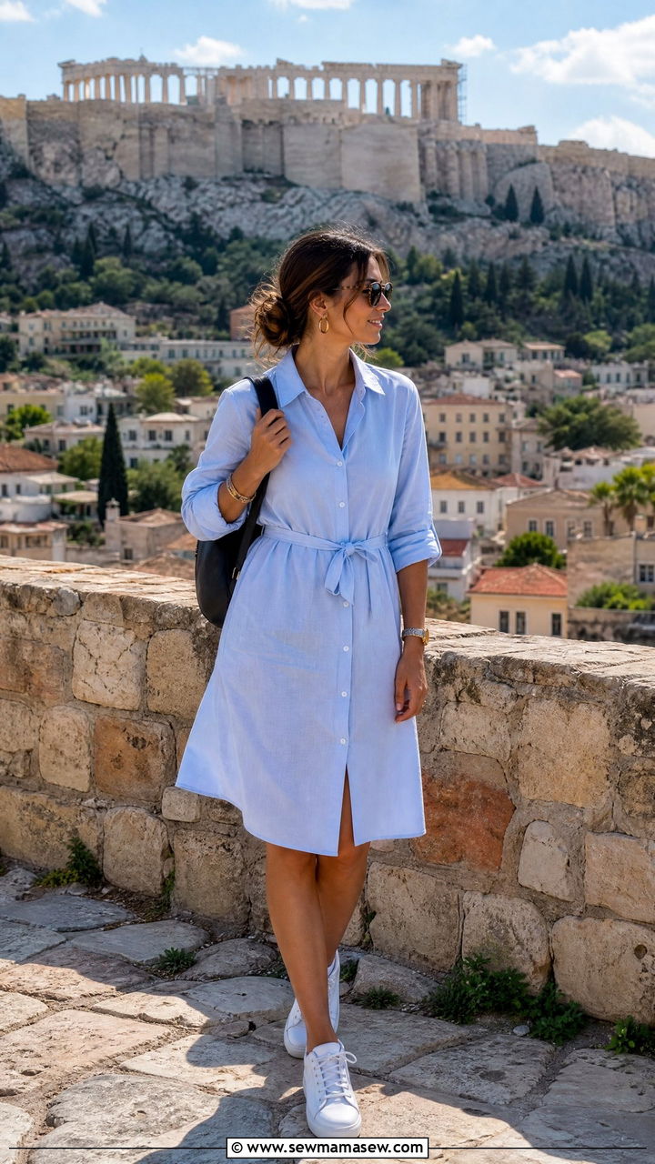 Cotton shirt dress and white sneakers - 25 Greece spring outfit ideas