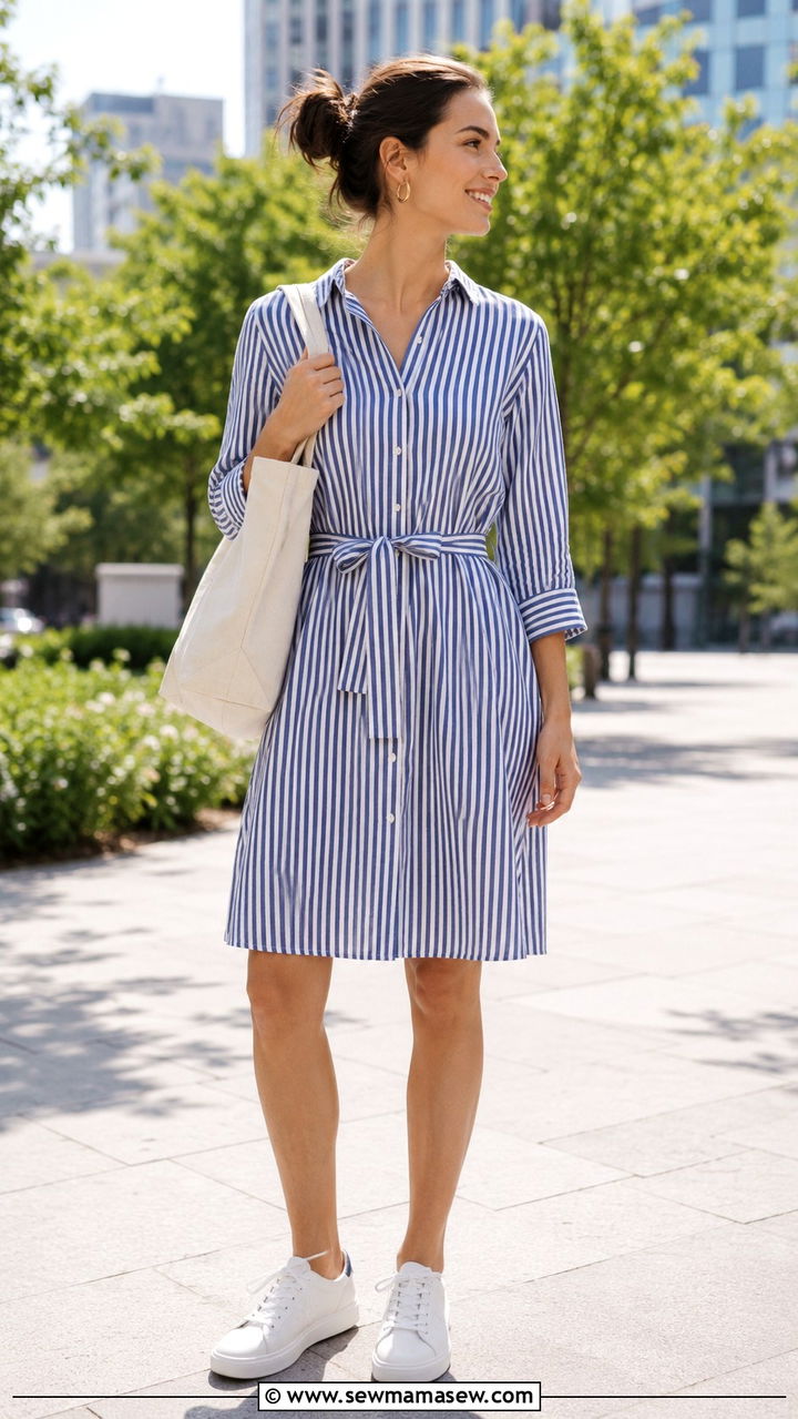 Cotton shirt dress with white sneakers - 20 Menopause outfit ideas