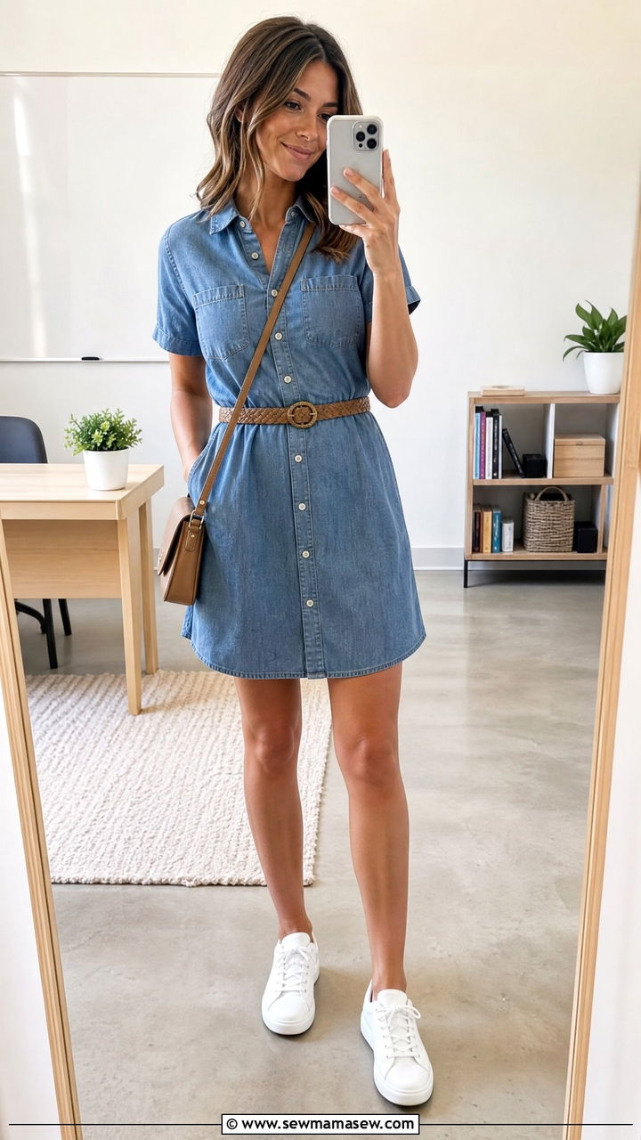 Cotton shirt dress with white sneakers - 30 Summer outfit ideas for teacher