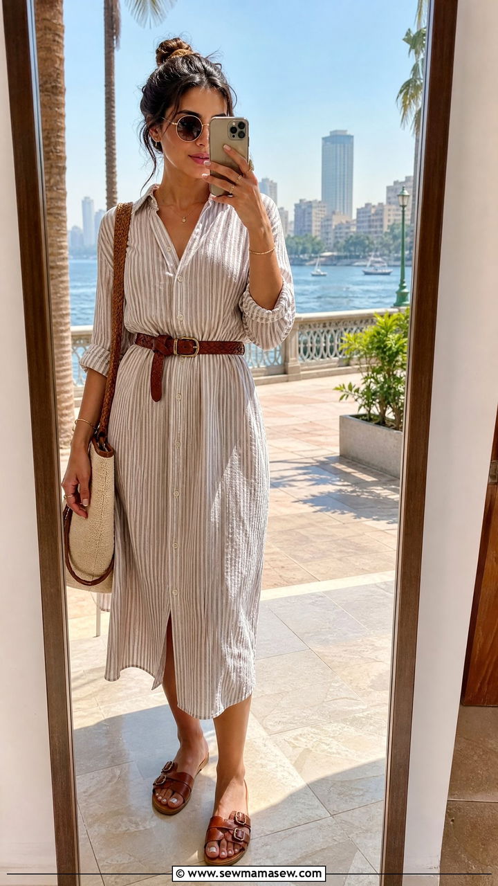 Cotton shirtdress with flat sandals Egypt - 30 Egypt vacation outfit ideas modest