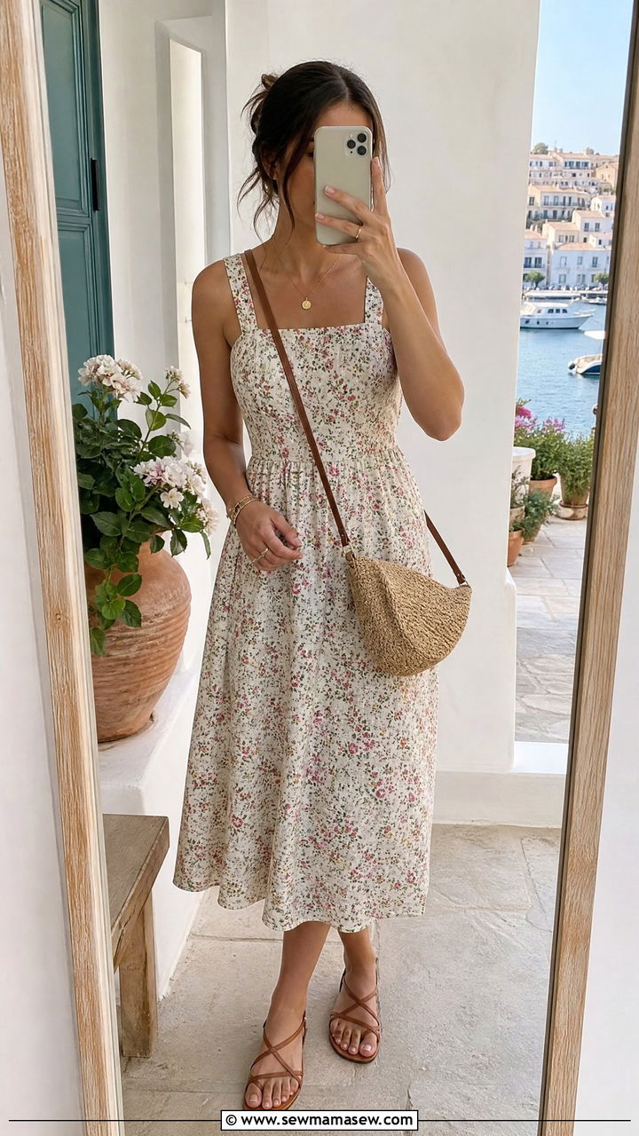 Cotton sundress and flat strappy sandals outfit - 30 Summer weekend getaway outfits