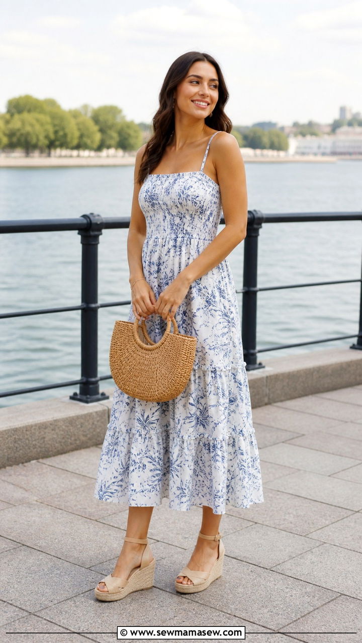 Cotton sundress with wedge espadrilles and a wicker handbag - 40 What to wear in Charleston