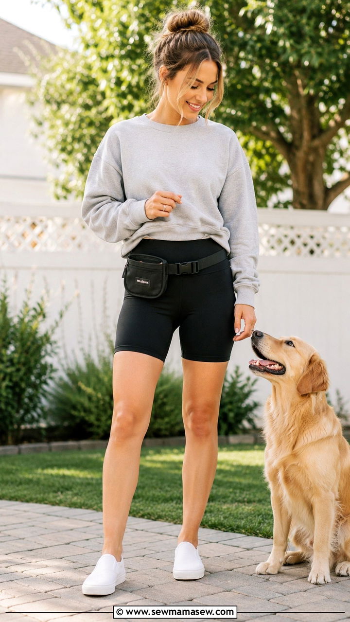Cotton sweatshirt and bike shorts dog trainer outfit - 30 Dog trainer outfit ideas