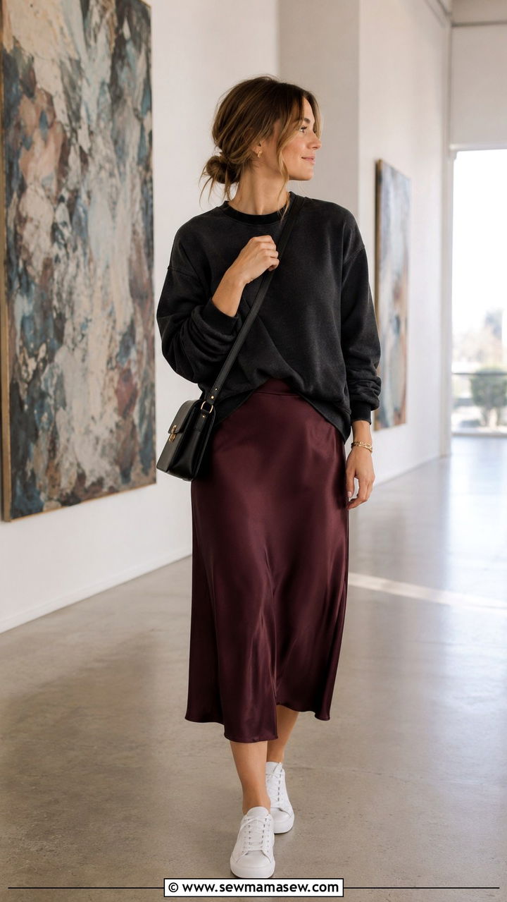 Cotton sweatshirt and satin midi skirt - 30 Danish cozy outfit ideas