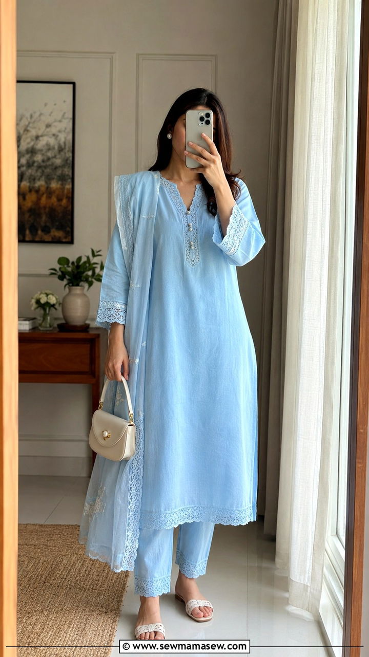 Cotton three piece suit with lace detailing for everyday - 30 Lahore outfit ideas