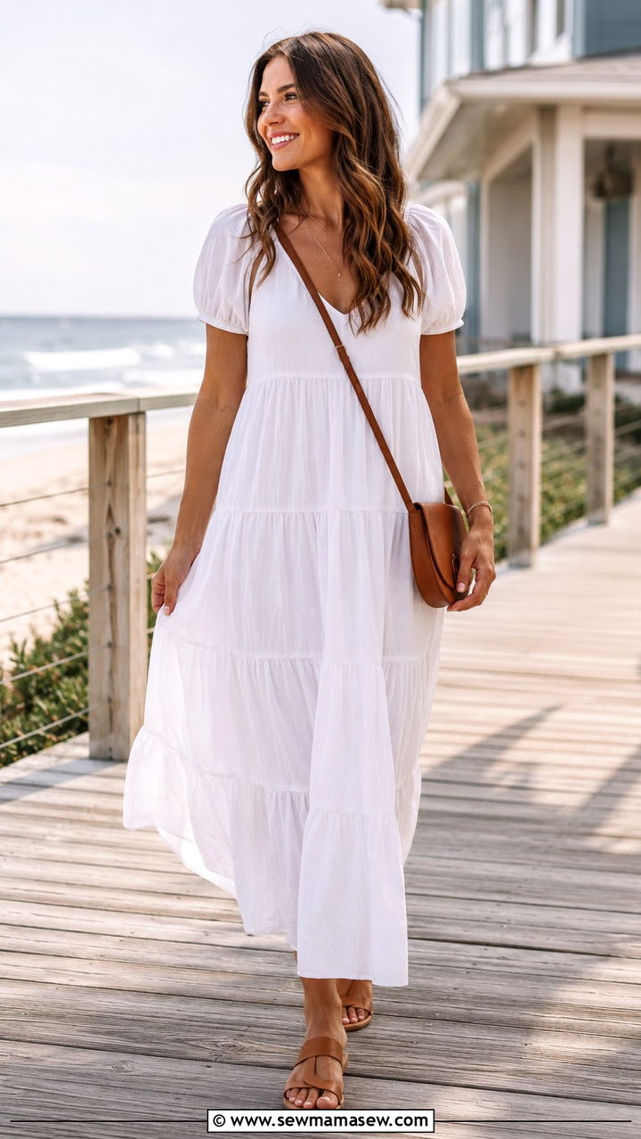 Cotton tiered maxi dress with flat sandals and a crossbody bag - 30 Postpartum outfit ideas summer