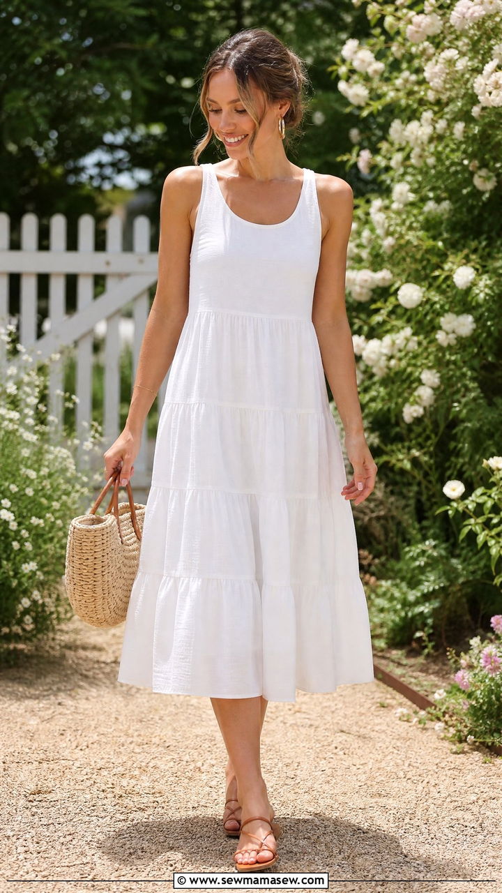 Cotton tiered midi dress with strappy flat sandals - 30 summer outfits for postpartum women