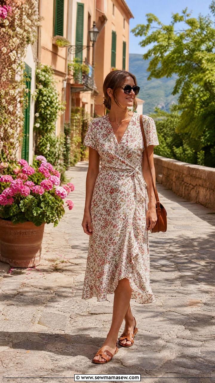 Cotton wrap dress with flat sandals - 25 casual Italy outfits