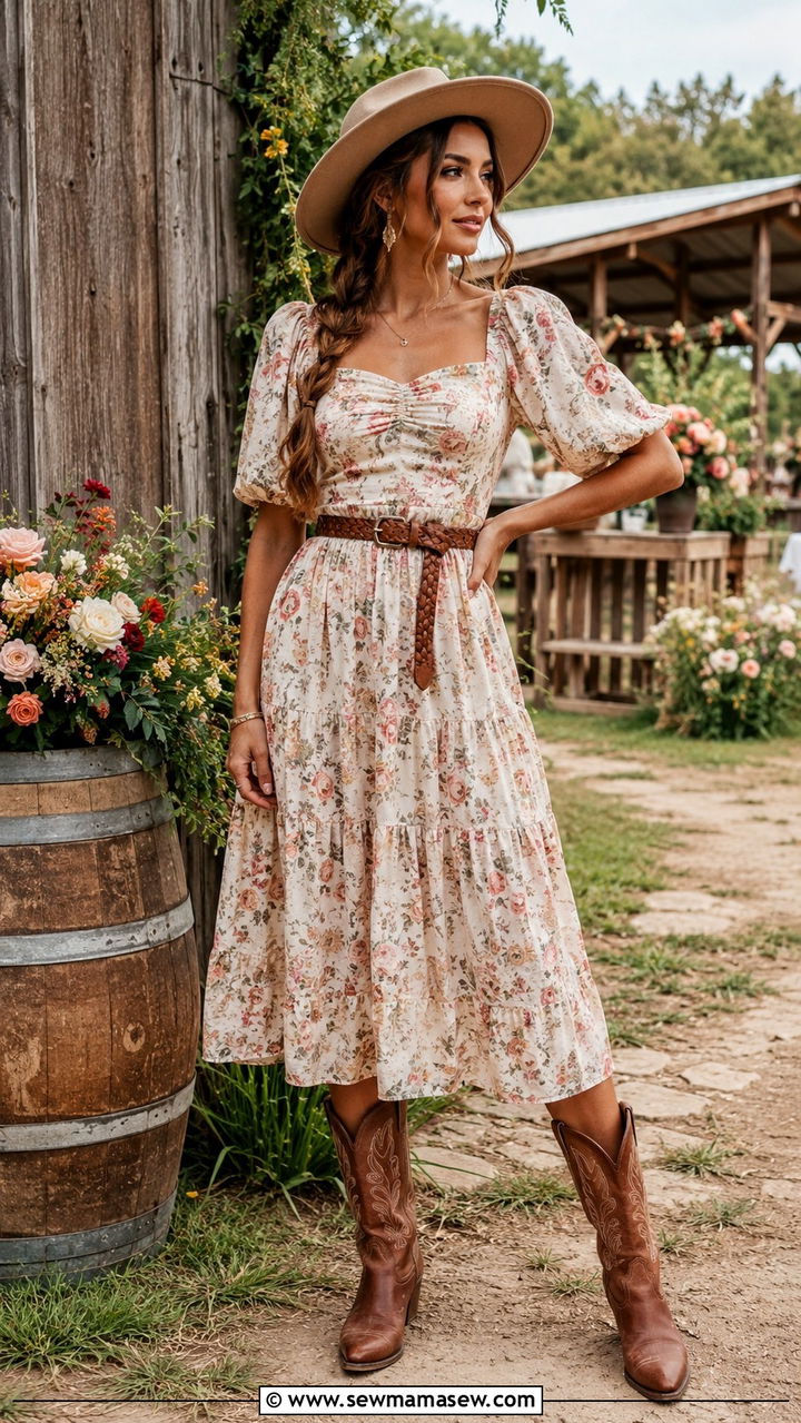 Country chic floral dress with cowboy boots - 25 Boho chic clothing ideas 2026