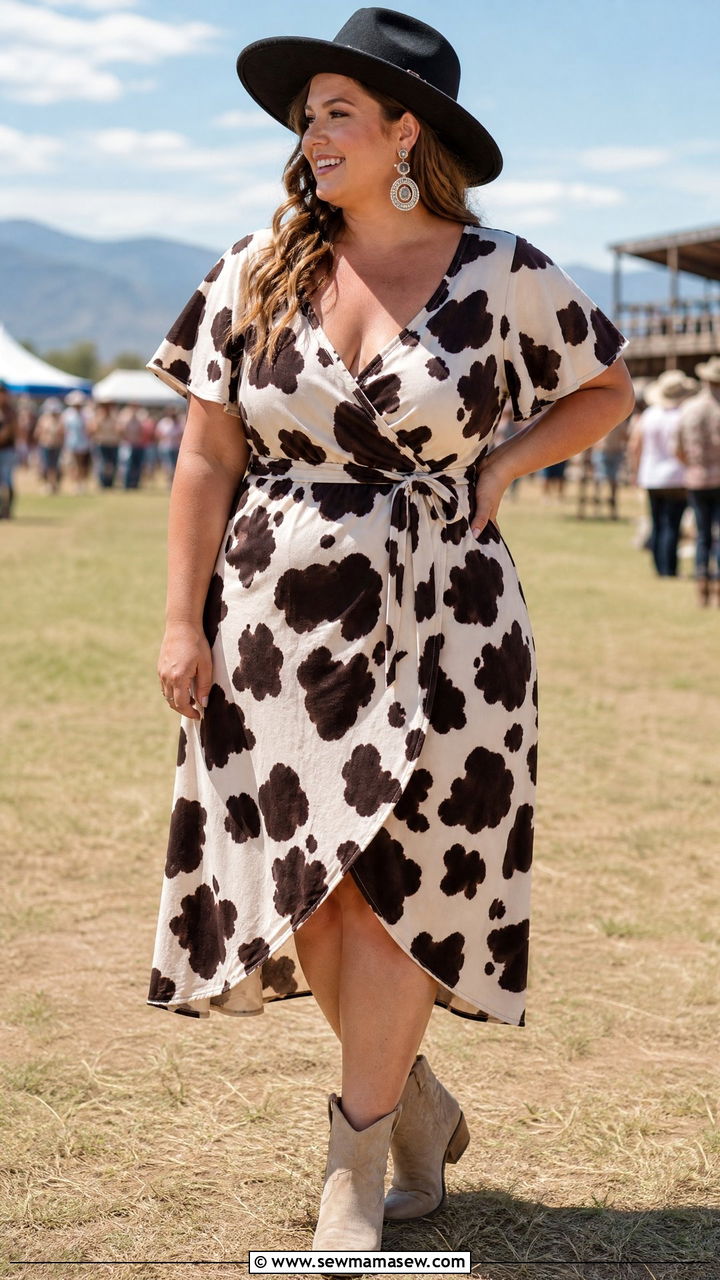 Cow Print Midi Dress with Wide Brim Hat - 30 Country concert outfit ideas plus size