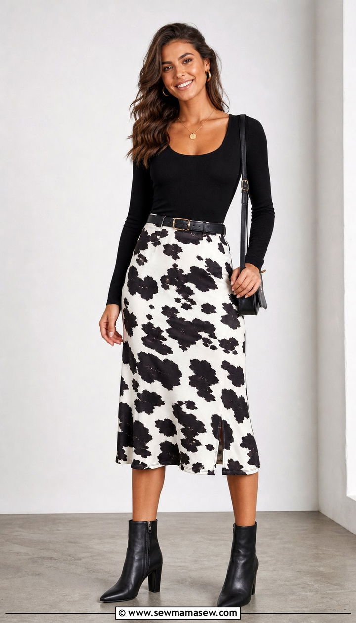 Cow Print Midi Skirt With Black Bodysuit - 25 Spring western outfits 2026