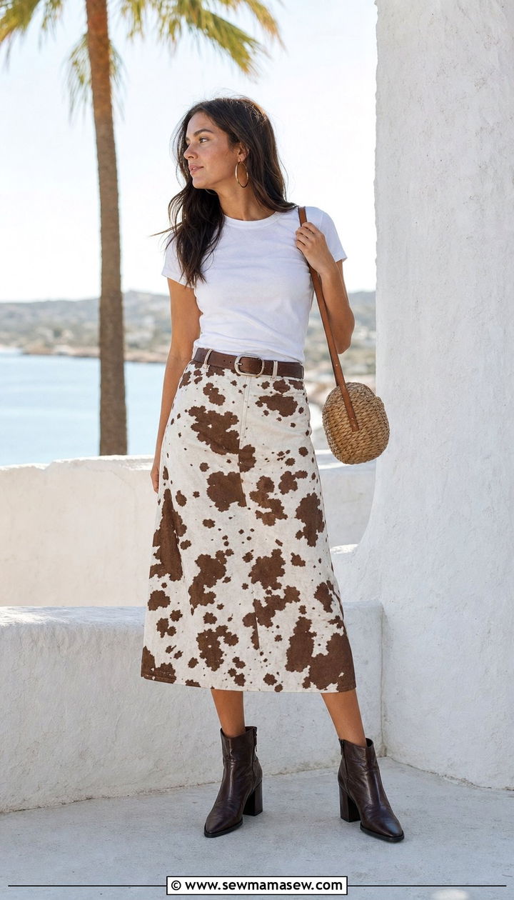 Cow Print Skirt With Fitted Tee - 25 summer coastal cowgirl outfit ideas