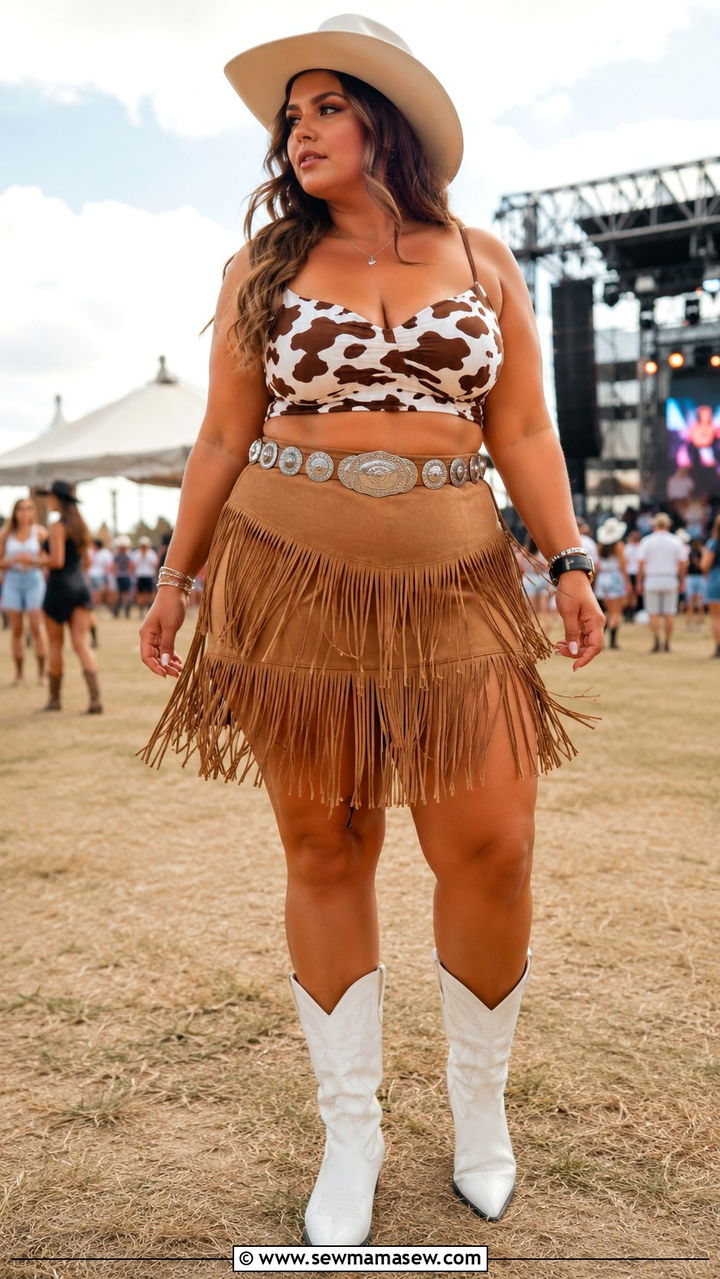 Cow print crop top with fringe skirt outfit - 30 plus size country concert outfit ideas