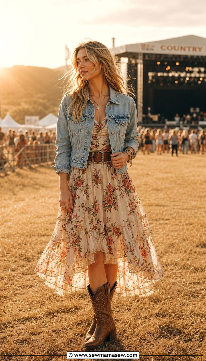 Cowboy Boots And Floral Dress Concert Outfit - 25 concert outfits aesthetic