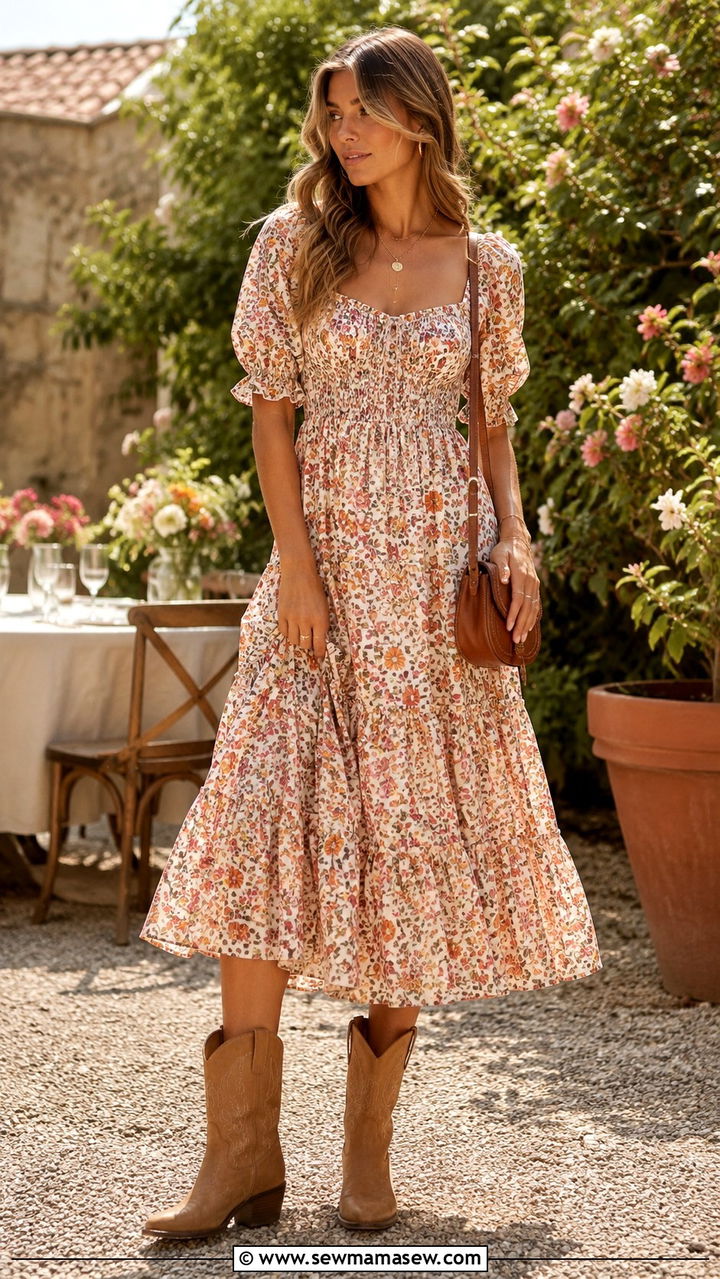 Cowboy Boots With A Flowy Midi Dress - 30 How to style cowboy boots