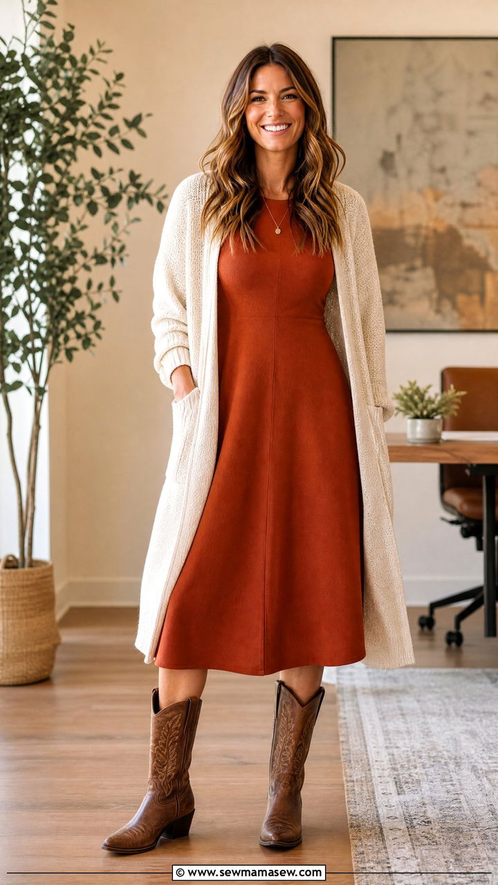 Cowboy Boots With A Line Dress and Cardigan - 20 How to style cowboy boots for work