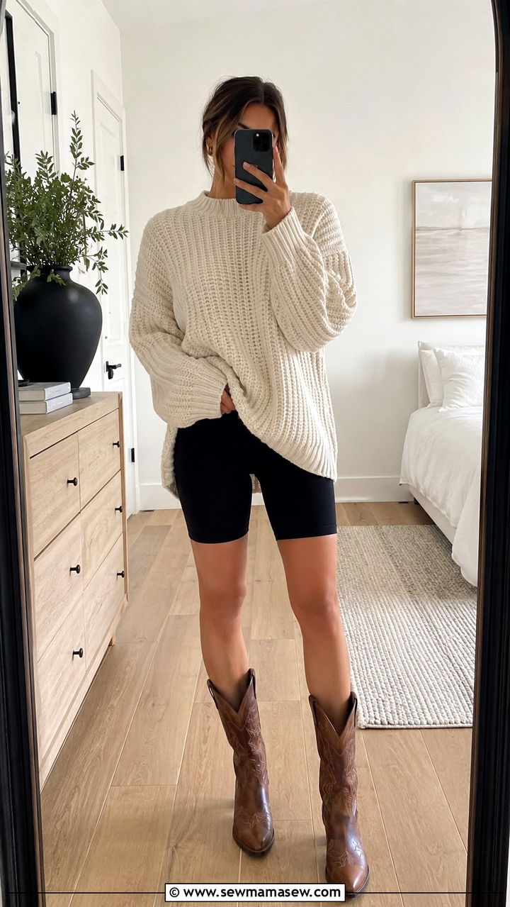 Cowboy Boots With An Oversized Sweater And Biker Shorts - 30 How to style cowboy boots