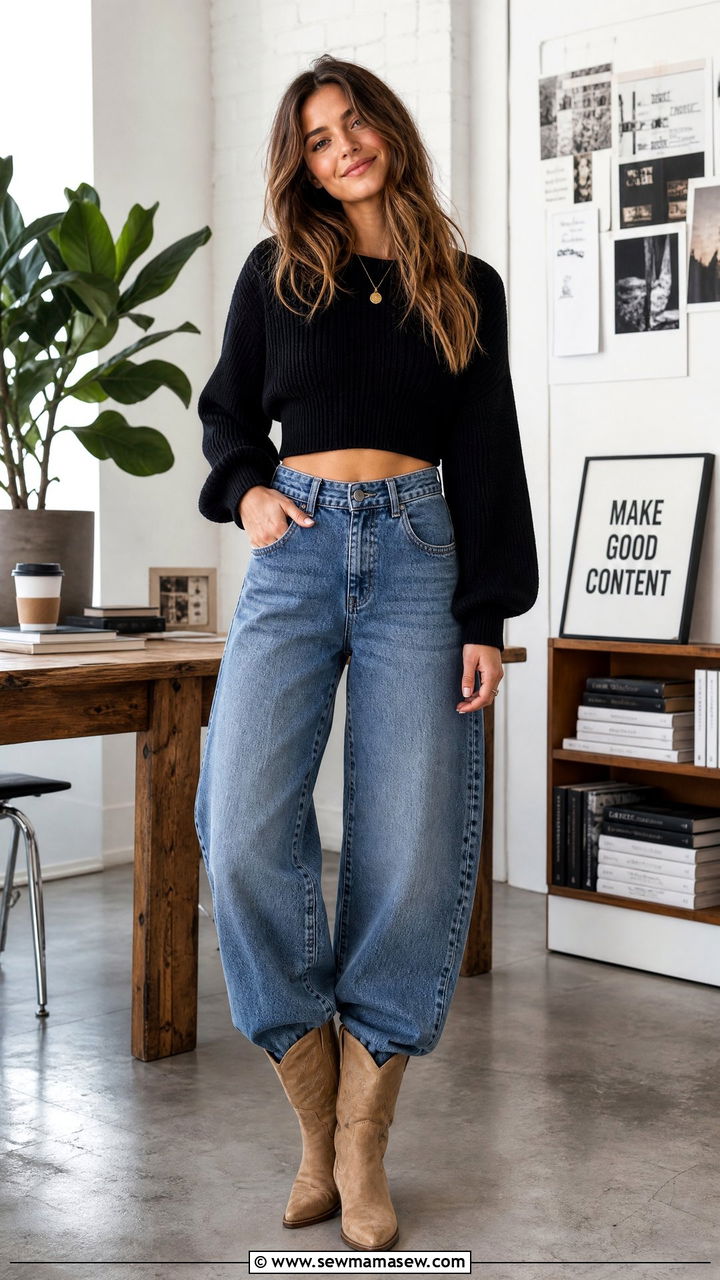 Cowboy Boots With Barrel Leg Jeans and Cropped Sweater - 30 Cowboy boots outfit ideas with jeans