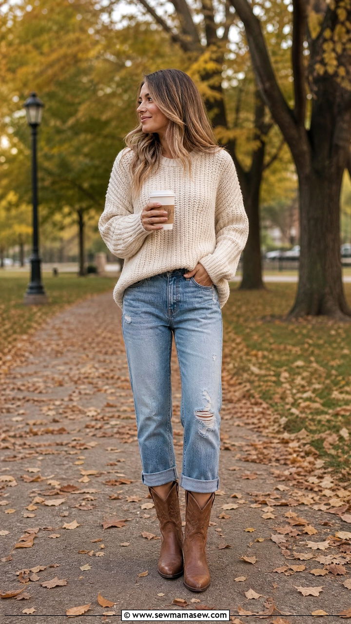 Cowboy Boots With Boyfriend Jeans and Chunky Sweater - 30 Cowboy boots outfit ideas with jeans