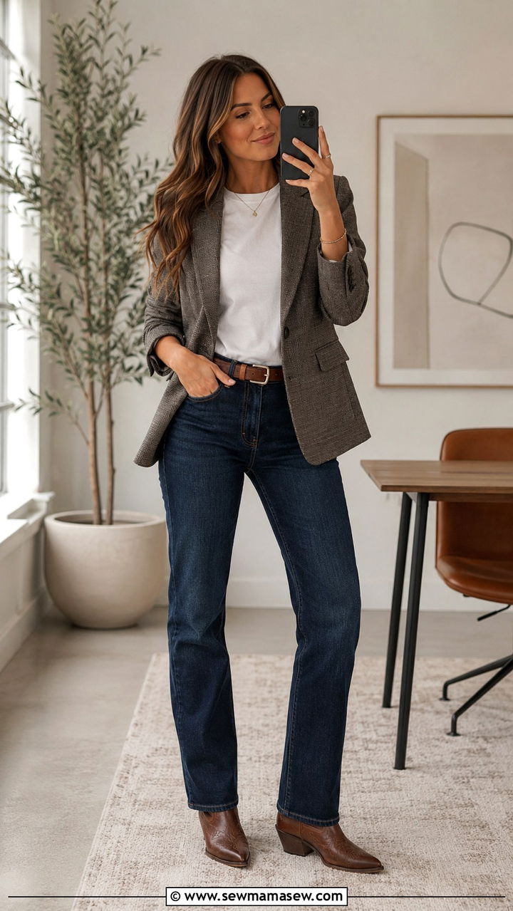 Cowboy Boots With Dark Jeans and Blazer - 20 How to style cowboy boots for work