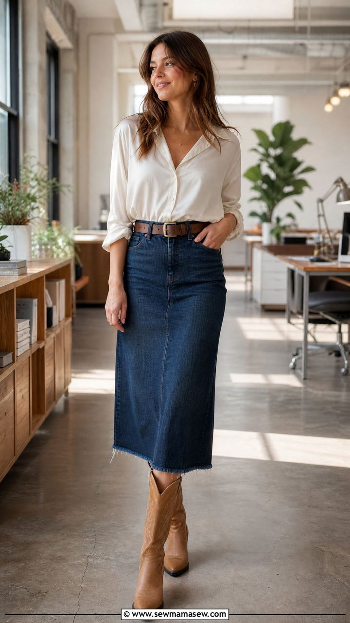 Cowboy Boots With Denim Midi Skirt and Blouse - 20 How to style cowboy boots for work